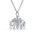 Angel Wings RN Nurse Caduceus Pendant Necklace Silver