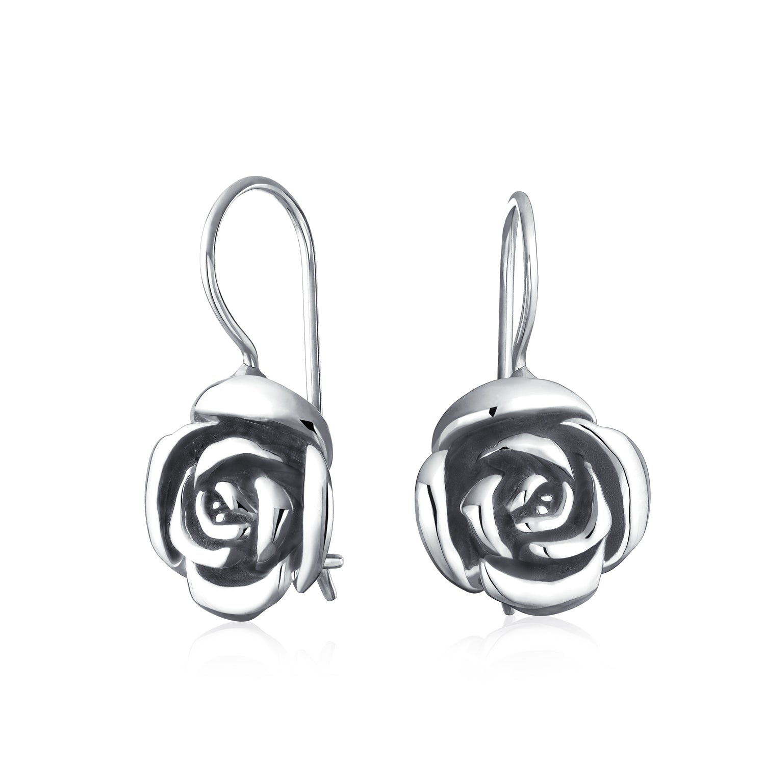 silver-rose-dangle-earrings-pmr-e10754rg-az_1 Rose Flower Drop Earrings French Wire Black Oxidized Sterling Silver - Image 1