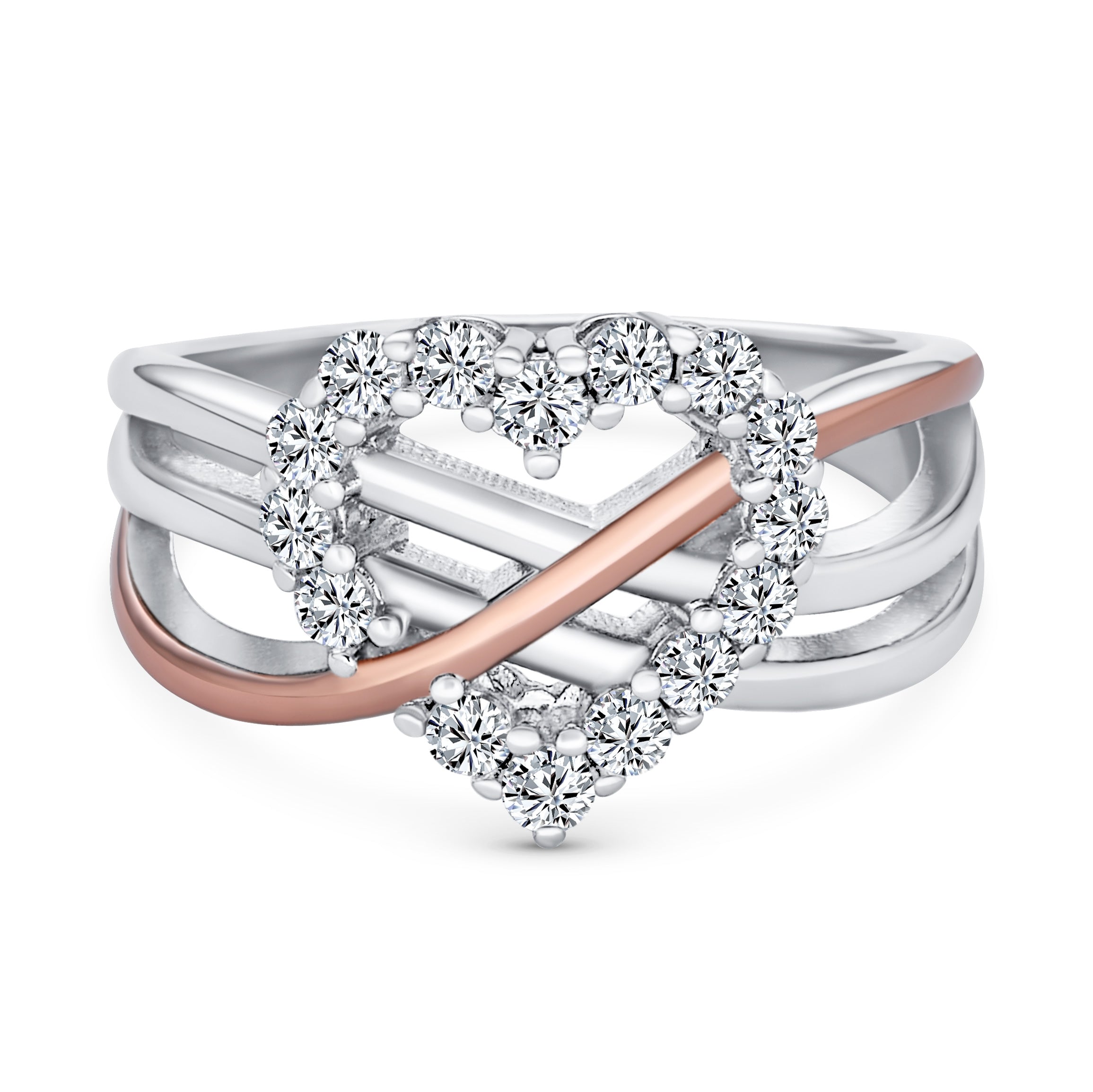 silver-rose-gold-heart-ring_cl-w8929-1 Romantic CZ Pave Cubic Zirconia Intertwined Infinity Forever Heart Promise Ring Rose Gold Sterling Silver - Image 1