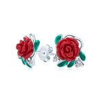 Romantic Craved Floral 3D Red Rose Flower Drop Dangle Earrings Sterling Silver