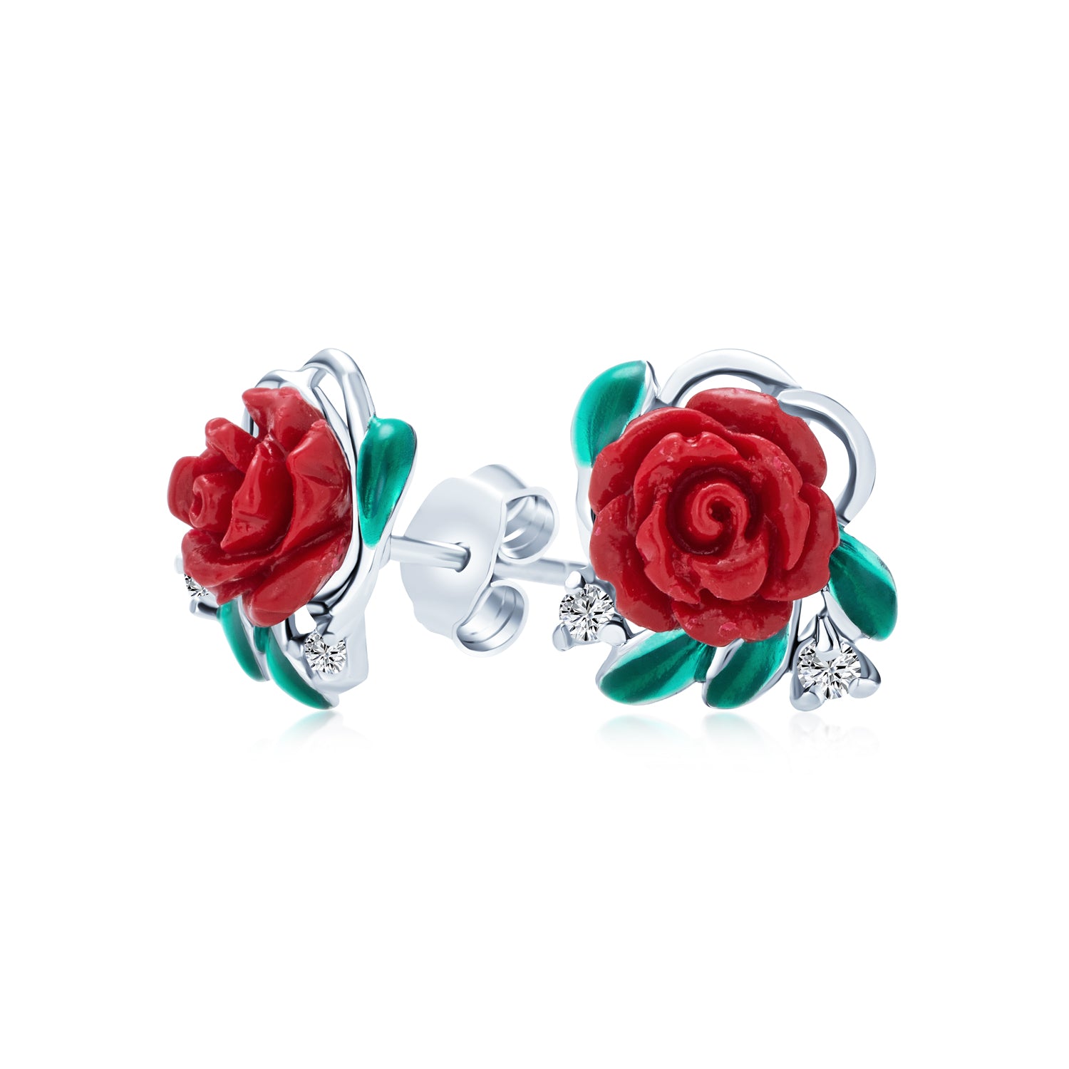 silver-rose-stud-earrings-red-mdr-4034e-090_1 Romantic Craved Floral 3D Red Rose Flower Drop Dangle Earrings Sterling Silver - Image 1