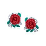 Romantic Craved Floral 3D Red Rose Flower Drop Dangle Earrings Sterling Silver - Image 2