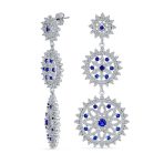 cocktail Fashion Statement Blue Sapphire CZ Triple Circle Medallion Statement Chandelier Earrings