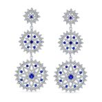 cocktail Fashion Statement Blue Sapphire CZ Triple Circle Medallion Statement Chandelier Earrings - Image 2