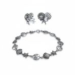 Nautical Sand Dollar Starfish Seashell Charm Bracelet & Stud Earrings Set Silver