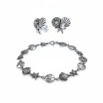 Nautical Sand Dollar Starfish Seashell Charm Bracelet & Stud Earrings Set Silver