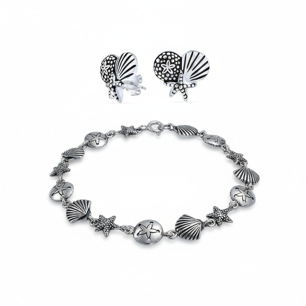 silver-sea-of-life-bracelet_shell_earring_pmr-c10904l75-set-az Nautical Sand Dollar Starfish Seashell Charm Bracelet & Stud Earrings Set Silver - Image 1