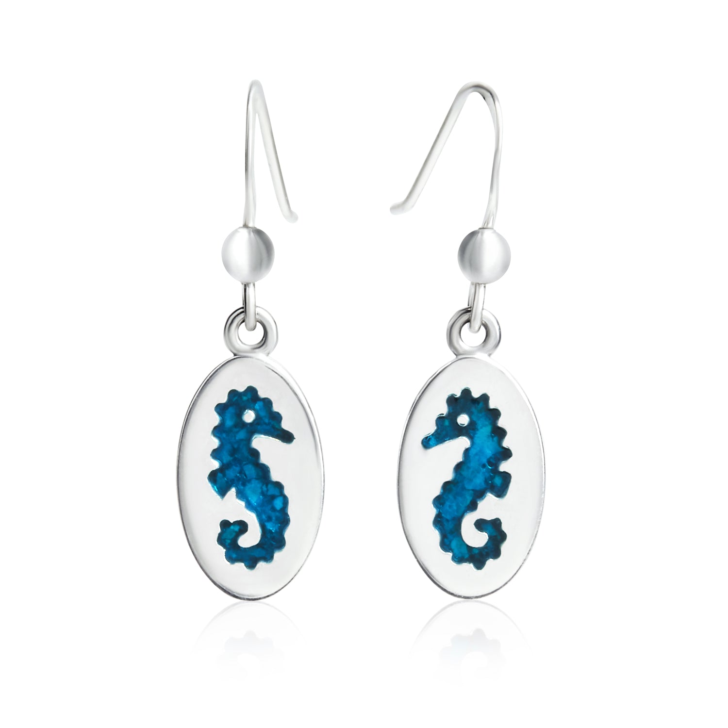 silver-seahorse-dangle-earrings-ps-te2553-az_001 Sea Animal Nautical Blue Seahorse Dangle Earrings Sterling Silver Fish Hook - Image 1