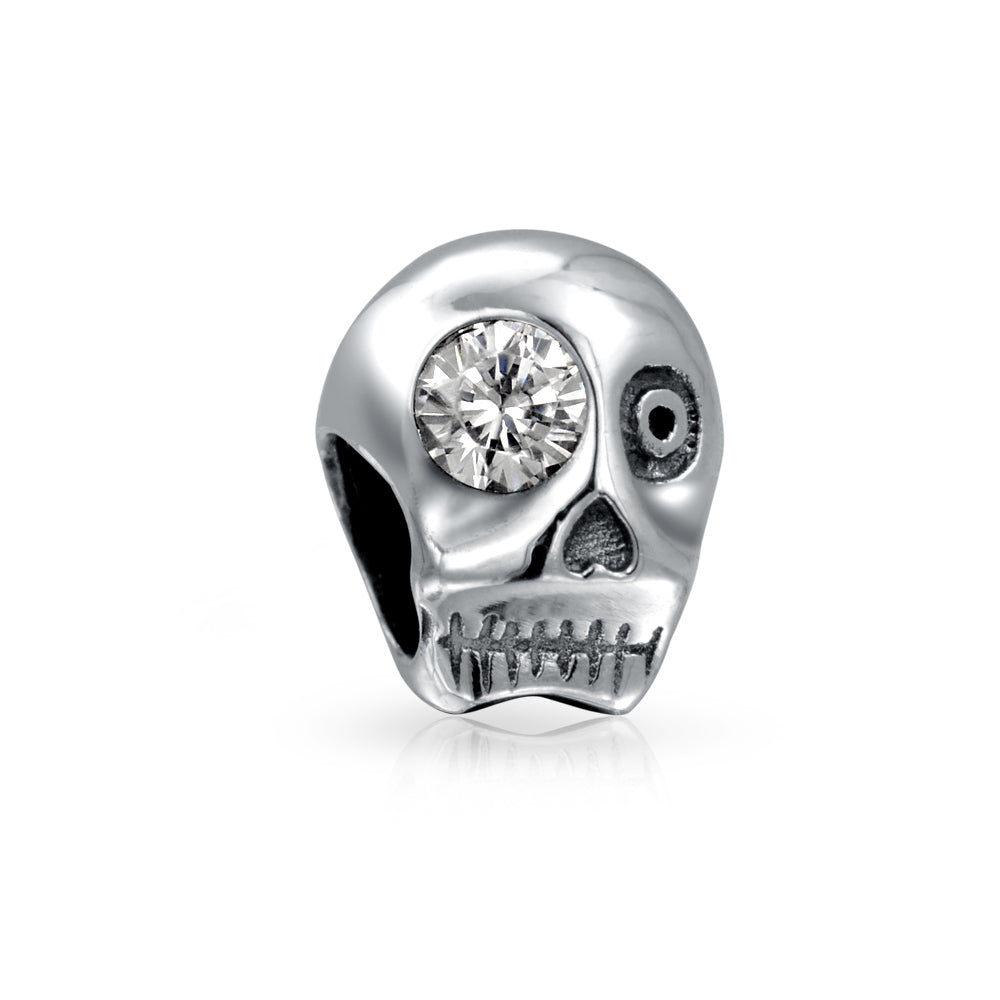 silver-skull-cz-eye-bead_pbx-hsz-115wht-d-az_1 Halloween Skeleton Skull Charm Bead with CZ Eye Sterling Silver for Bracelet - Image 1