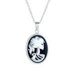 Black Oval Female Lolita Skelton Cameo Pendant Bezel Silver
