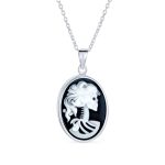 Black Oval Female Lolita Skelton Cameo Pendant Bezel Silver