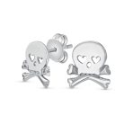 Whimsical Heart Eyes Pirate Skull & Crossbones Stud Earrings Sterling Silver