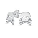 Whimsical Heart Eyes Pirate Skull & Crossbones Stud Earrings Sterling Silver