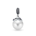 Bali Filigree Cap Pearl Heart Dangle Charm Bead Silver