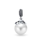 Bali Filigree Cap Pearl Heart Dangle Charm Bead Silver