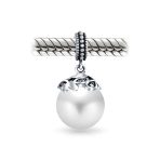 Bali Filigree Cap Pearl Heart Dangle Charm Bead Silver - Image 2