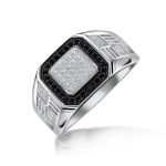 Men's Micro Pave Black Halo Square Two Tone CZ Statement Signet Ring .925 Sterling Silver