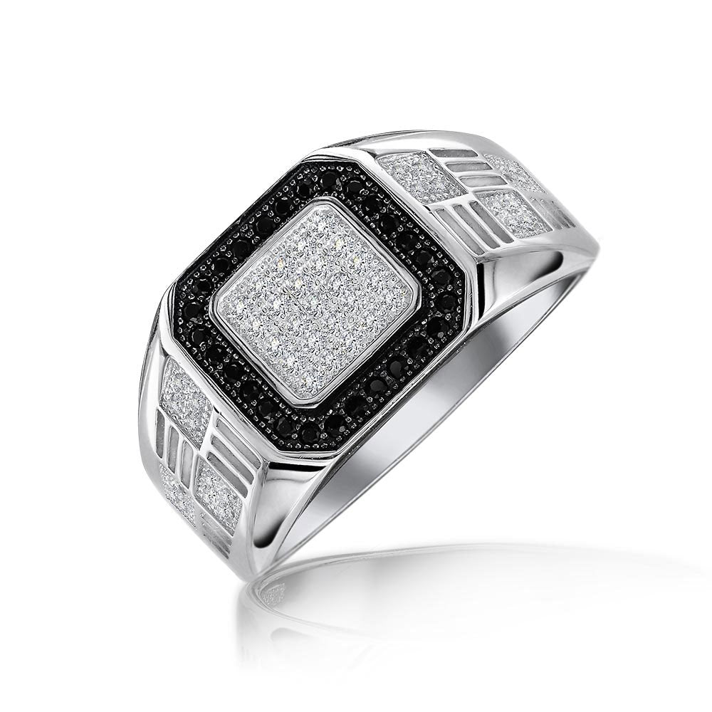silver-square-pinky-engagement-ring_sls-415r3908-8_1 Men's Micro Pave Black Halo Square Two Tone CZ Statement Signet Ring .925 Sterling Silver - Image 1