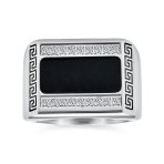 Geometric Pave CZ Accent Rectangle Signet Greek Key Band Ring Black Enamel Steel
