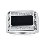 Geometric Pave CZ Accent Rectangle Signet Greek Key Band Ring Black Enamel Steel