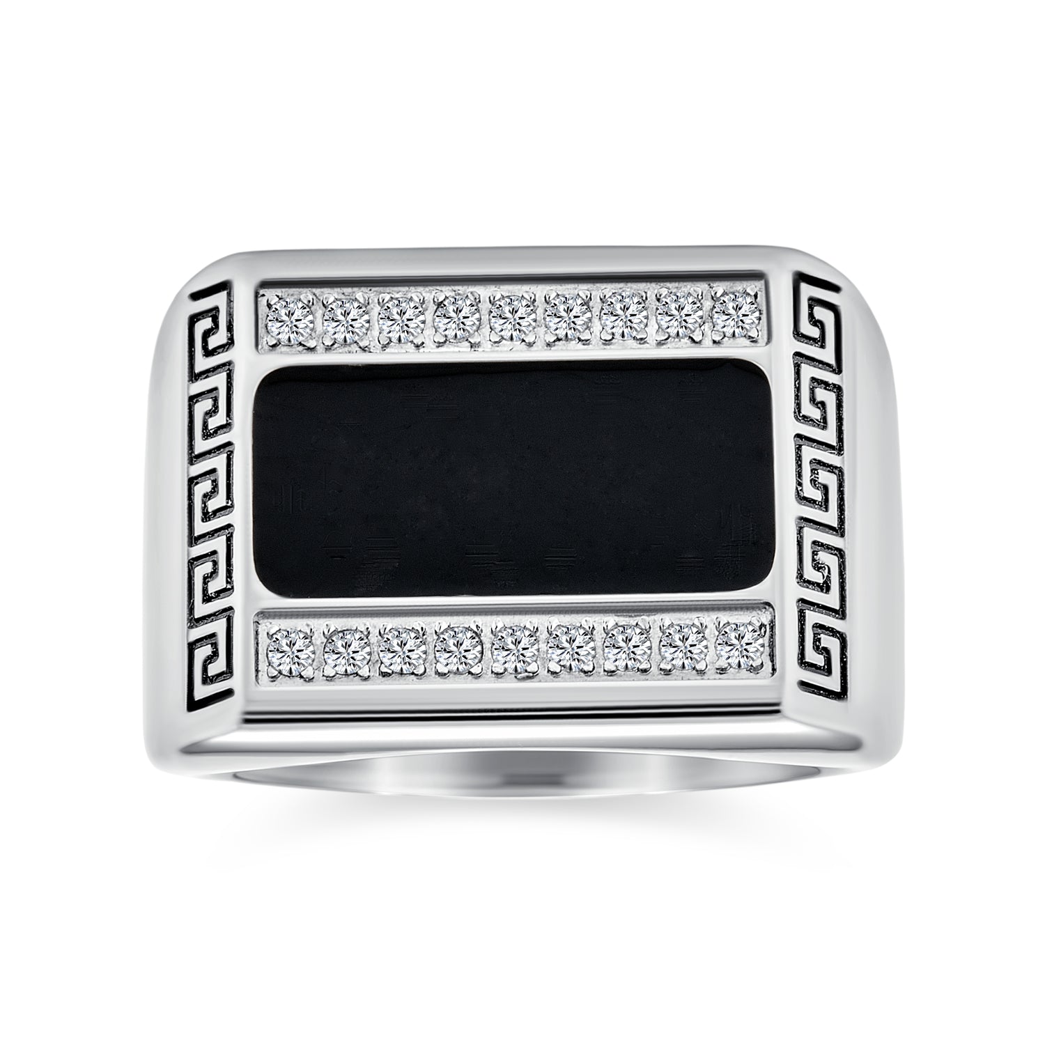 silver-stainless-steel-black-greek-ring_sgd-kclcc1149_1 Geometric Pave CZ Accent Rectangle Signet Greek Key Band Ring Black Enamel Steel - Image 1