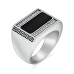 Geometric Pave CZ Accent Rectangle Signet Greek Key Band Ring Black Enamel Steel - Image 2