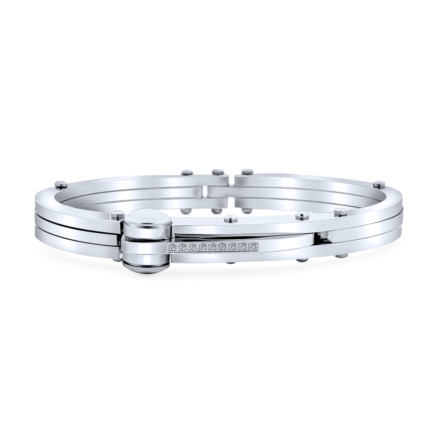 silver-stainless-steel-handcuff-cz-mens-bracelet_cdl-csba111_2 Biker Cuff Bracelet Men Cubic Zirconia Stainless Steel - Image 1