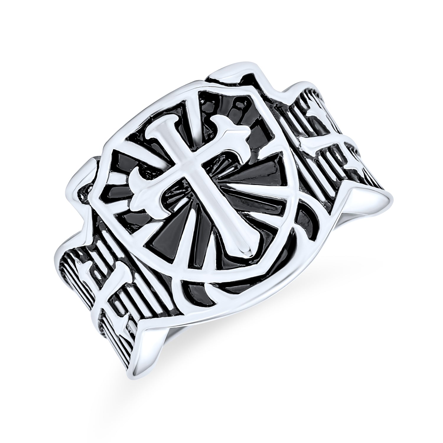 silver-stainless-steel-medieval-cross-ring_swk-hyr-8042_1 Men's Stainless Steel Viking Shield Cross Signet Ring Oxidized Silver Tone - Image 1