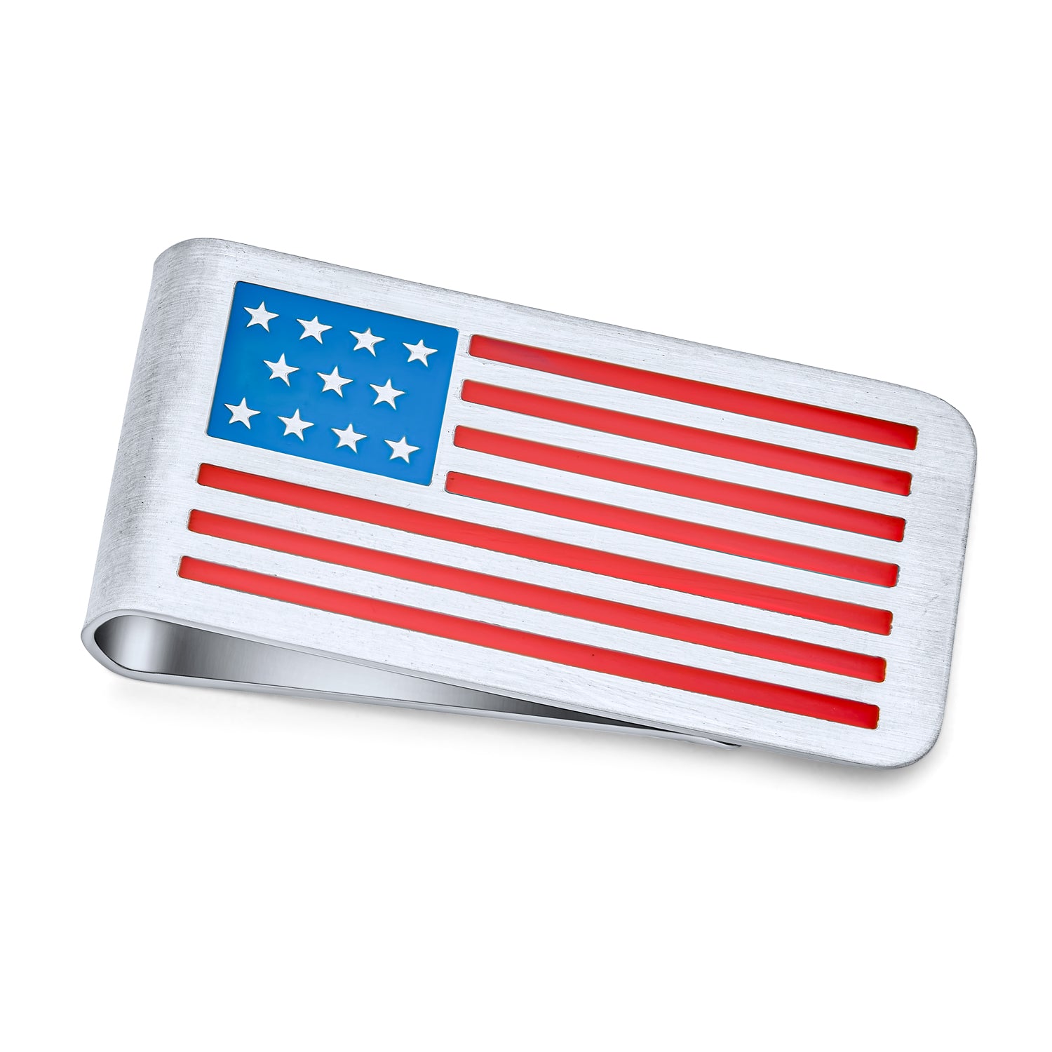 silver-stainless-steel-money-clip-flag_1 Patriotic USA Flag Money Clip for Men - Red White Blue Stars Stripes Design - Image 1