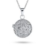 Vintage Style Keepsake Pave CZ Aromatherapy & Photo Round Star Shape Locket Pendant Necklace Sterling Silver