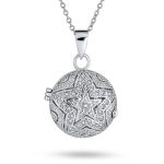 Vintage Style Keepsake Pave CZ Aromatherapy & Photo Round Star Shape Locket Pendant Necklace Sterling Silver