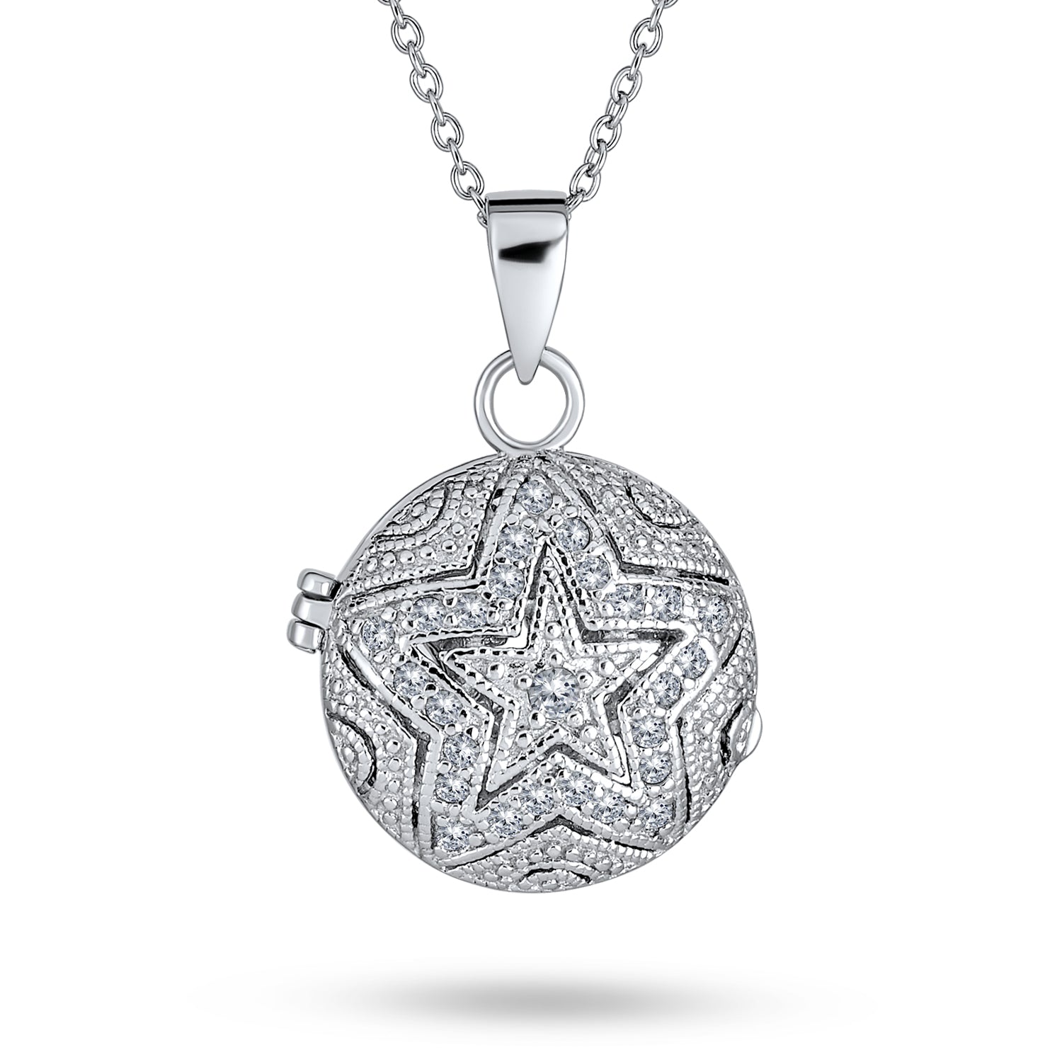 silver-star-locket-pendant-patriotic_hsh-hsp3505_2 Vintage Style Keepsake Pave CZ Aromatherapy & Photo Round Star Shape Locket Pendant Necklace Sterling Silver - Image 1
