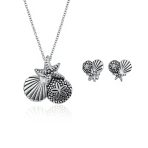 Nautical Sand Dollar Starfish Seashell Necklace & Earrings Set Sterling Silver