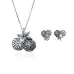 Nautical Sand Dollar Starfish Seashell Necklace & Earrings Set Sterling Silver