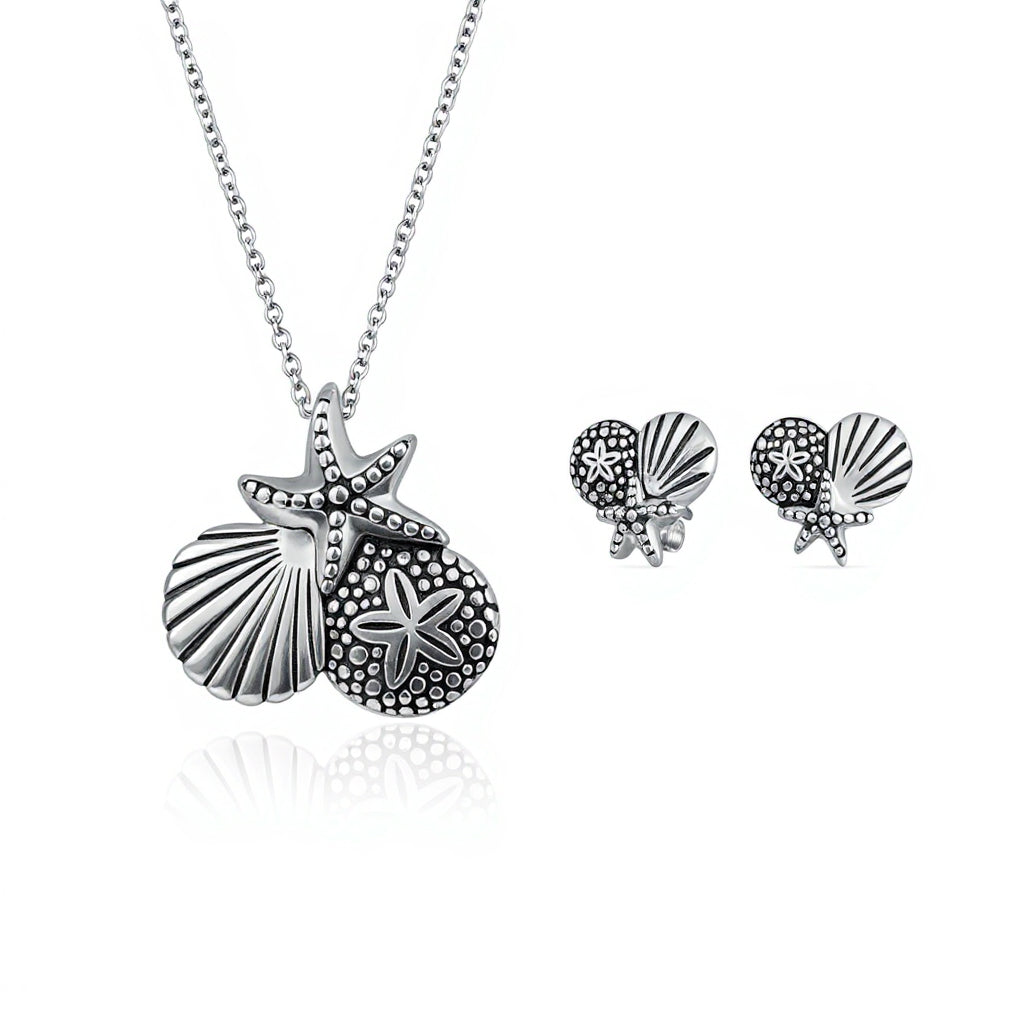 silver-starfish-shell-sand-dollar-studs-pendant-pfs-13-6213-set-az Nautical Sand Dollar Starfish Seashell Necklace & Earrings Set Sterling Silver - Image 1