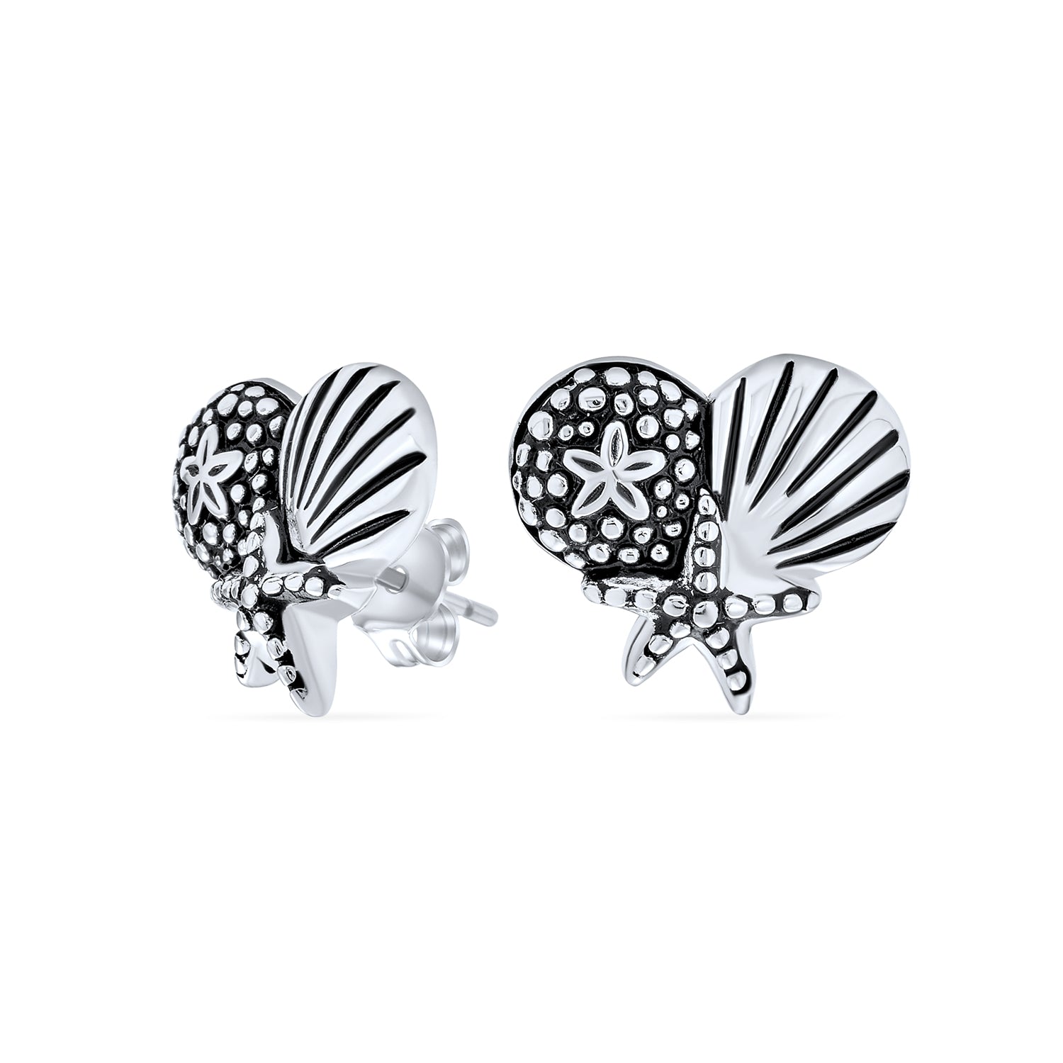 silver-starfish0shell-sand-dollar-studs-pfs-12-5799_1 Tropical Vacation Beach Escape Sand Dollar Starfish Seashell Stud Earrings .925 Sterling Silver - Image 1
