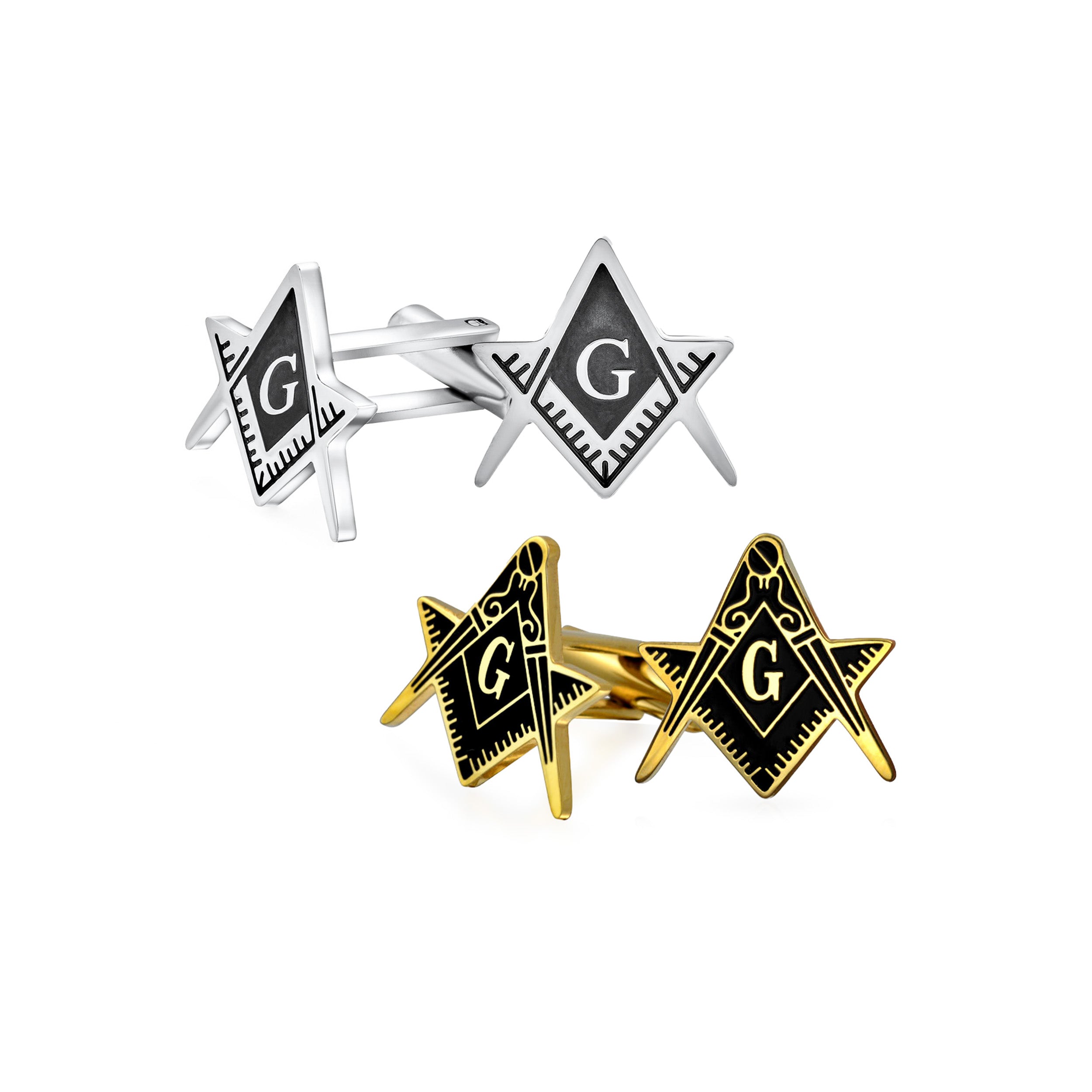 silver-steel-freemason-emblem-cufflinks-sgd-ald203-set-az Set of 2 Freemasons Compass Symbol Shirt Cufflink Black Enamel Gold Plated - Image 1
