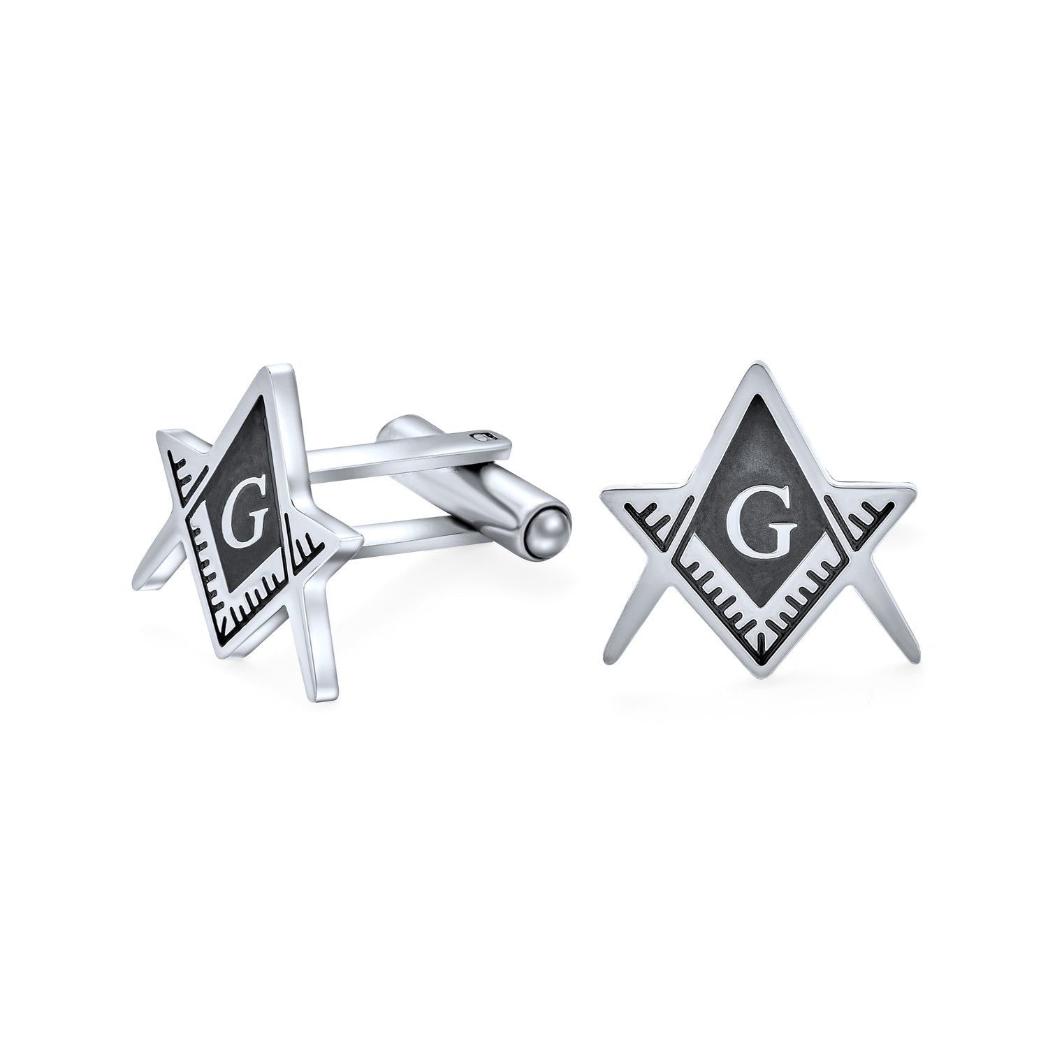 silver-steel-freemason-emblem-cufflinks_sgd-ald203-az_1 Shield Round Freemasons Compass Symbol Shirt Cufflink for Men Blue Black Enamel - Image 1