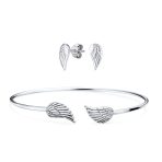 Delicate Angel Wing Feather Cuff Bracelet & Stud Earrings Set Sterling Silver