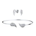 Delicate Angel Wing Feather Cuff Bracelet & Stud Earrings Set Sterling Silver