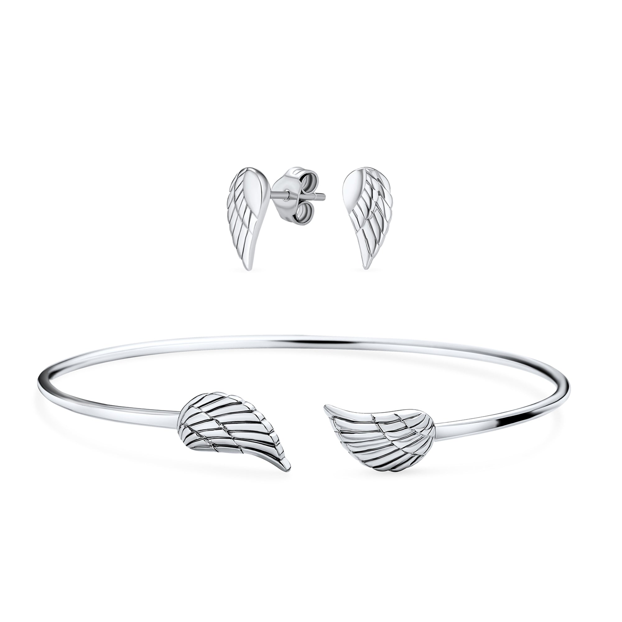 silver-sterling-angel-wing-bracelet_pfs-12-6273set_11 Delicate Angel Wing Feather Cuff Bracelet & Stud Earrings Set Sterling Silver - Image 1