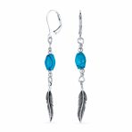 Southwestern Style Turquoise Bead & Feather Leaf Dangle Earrings Oxidized .925 Sterling Silver Lever back