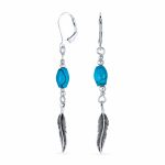 Southwestern Style Turquoise Bead & Feather Leaf Dangle Earrings Oxidized .925 Sterling Silver Lever back