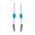 Southwestern Style Turquoise Bead & Feather Leaf Dangle Earrings Oxidized .925 Sterling Silver Lever back - Image 2