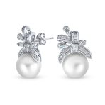 Victorian Style CZ Ribbon White Pearl Bow Stud Earrings .925 Sterling Silver