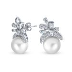 Victorian Style CZ Ribbon White Pearl Bow Stud Earrings .925 Sterling Silver