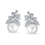 Victorian Style CZ Ribbon White Pearl Bow Stud Earrings .925 Sterling Silver - Image 2