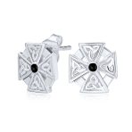 Unisex Black Stone Masonic Knight Templar Cross Stud Earrings in Sterling Silver