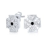 Unisex Black Stone Masonic Knight Templar Cross Stud Earrings in Sterling Silver