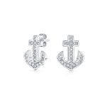 Nautical CZ Stud Earrings with Boat Anchor Pave Cubic Zirconia Sterling Silver
